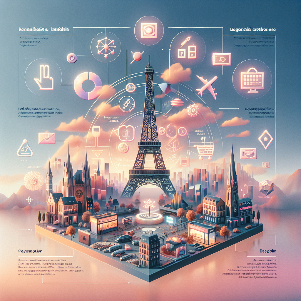 Localization Strategy visual showing localized ecommerce in France and Germany with cultural and digital marketing elements.