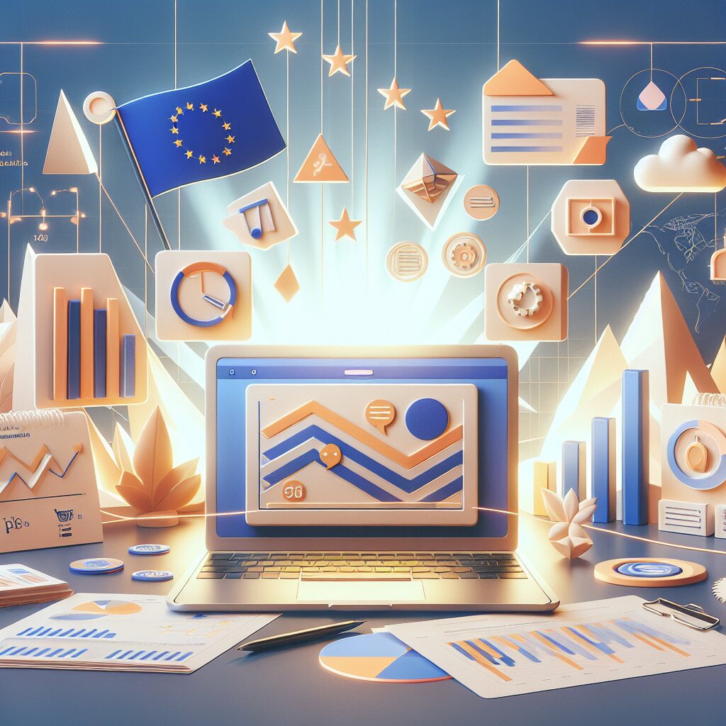 Professional workspace with translation pricing charts, multilingual dashboard, and EU visuals—illustrating full translation workflow.