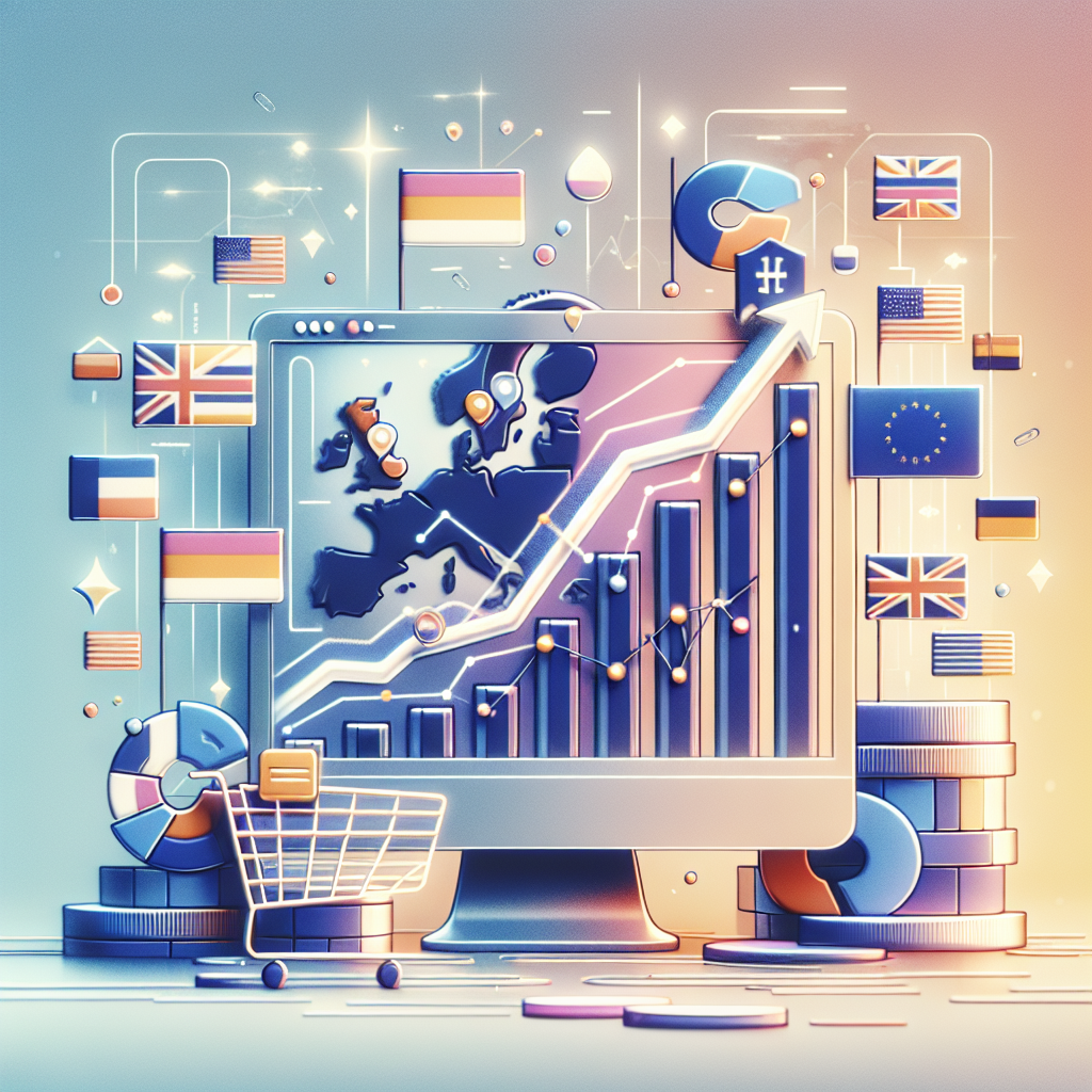 Illustration showing multilingual SEO for European markets with localized features, language flags, and ecommerce insights overlay.