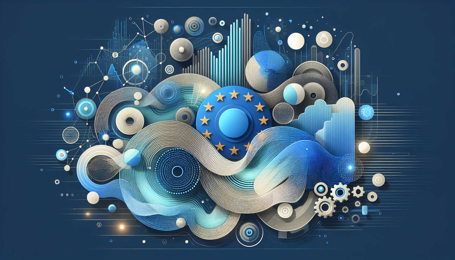 Illustration of a Shopify website being localized for multiple EU markets with automation tools and flag overlays.