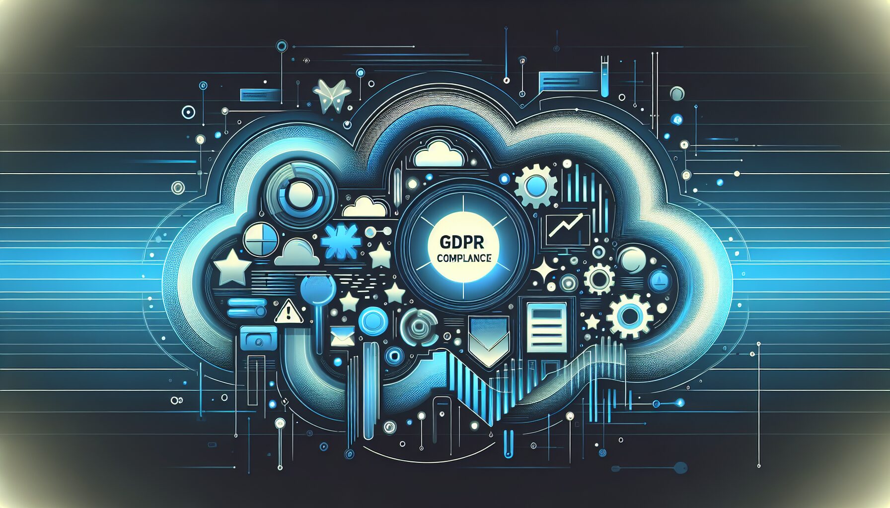Illustration showing GDPR consent banners, multilingual toggles, and VAT badges in a typical EU online store setting.
