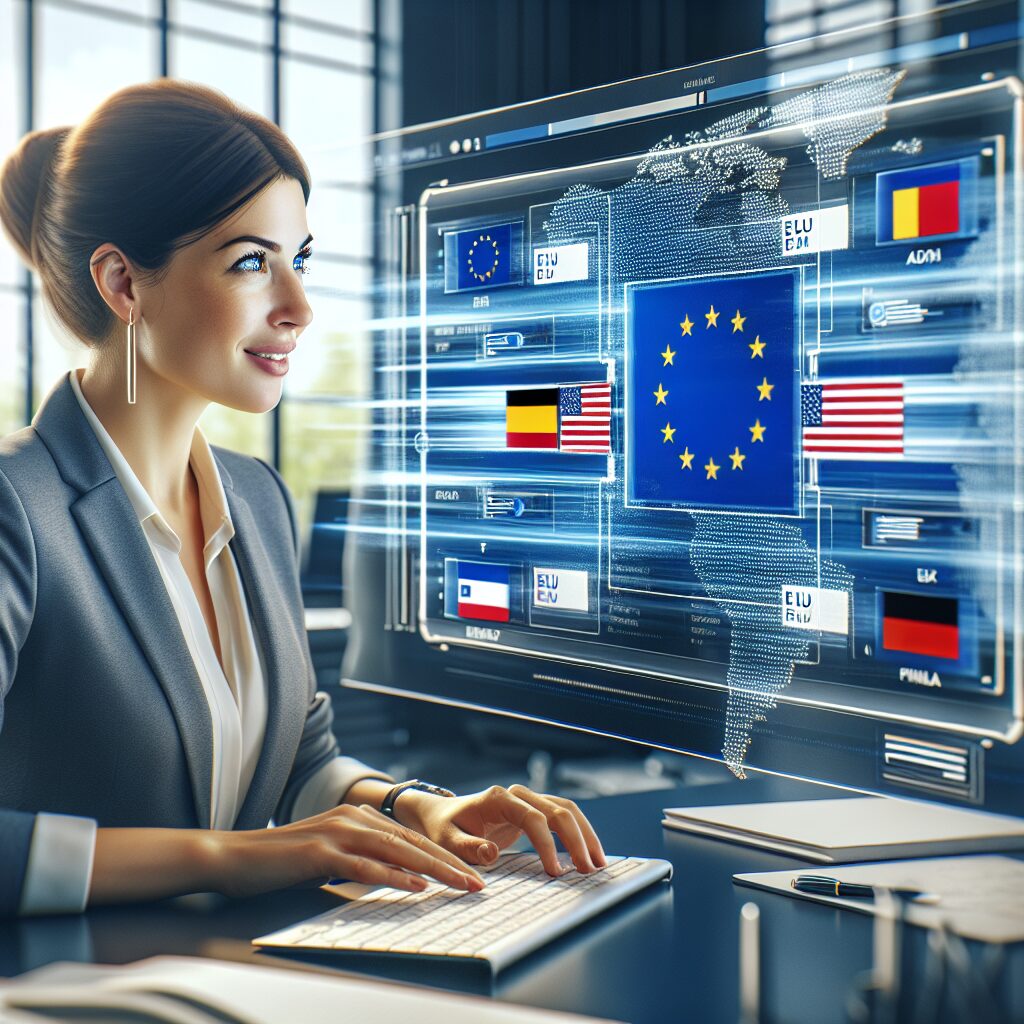 A businesswoman views her website translated into multiple EU languages on screen, representing fast and automated website translation.