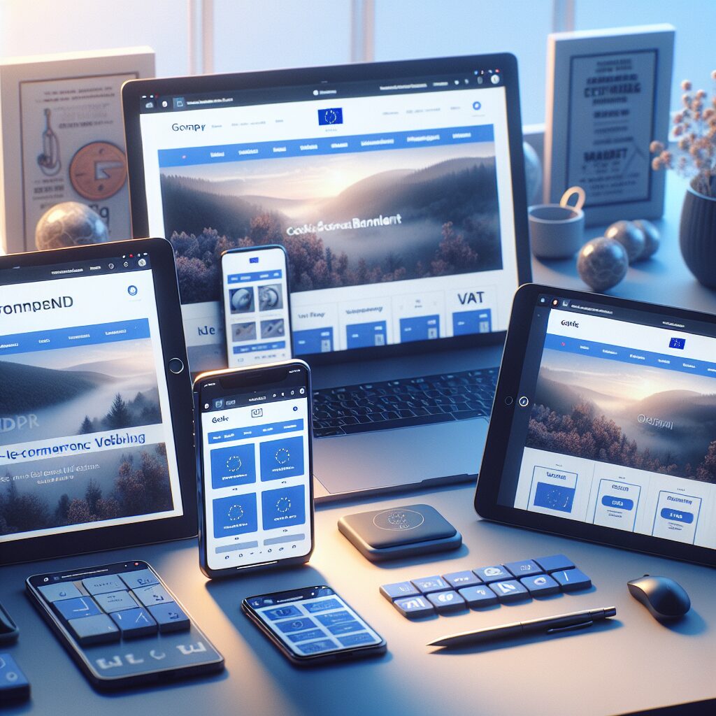 A clean European website interface showing GDPR compliance icons, cookie consent banner, and VAT labels for legal website adherence.