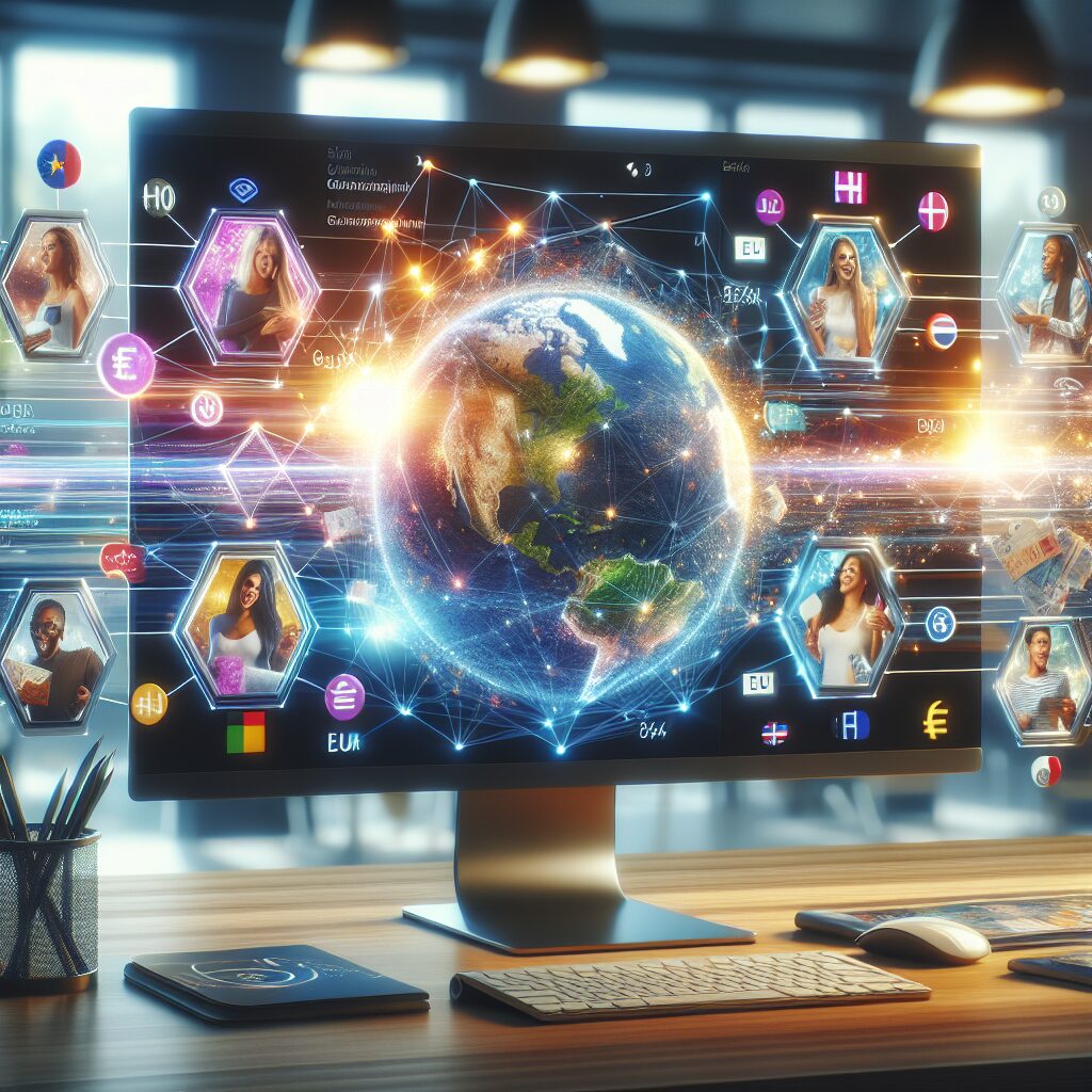 Futuristic dashboard showcasing a multilingual website workflow, localising content for cross-border ecommerce markets in Europe.
