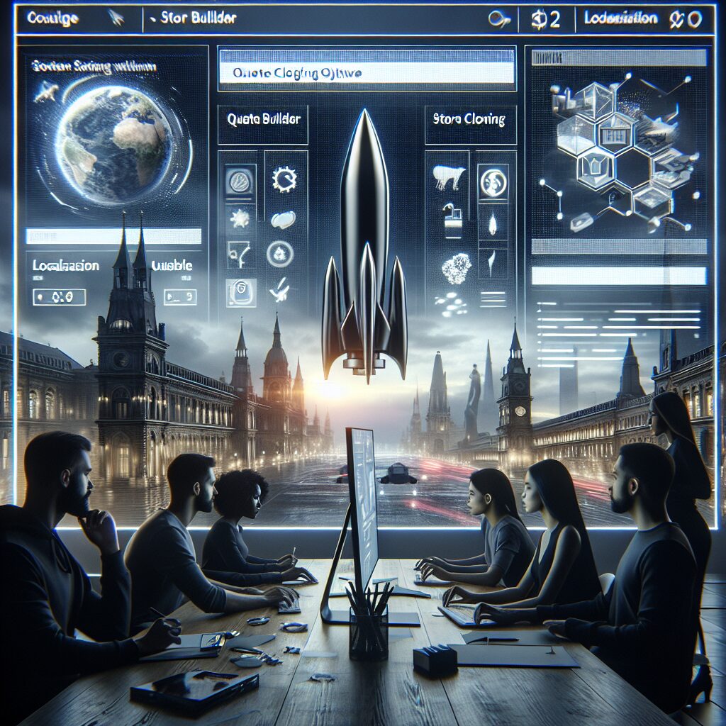 A team viewing quote builder dashboard for EU store localisation, featuring multilingual options and automation visuals.