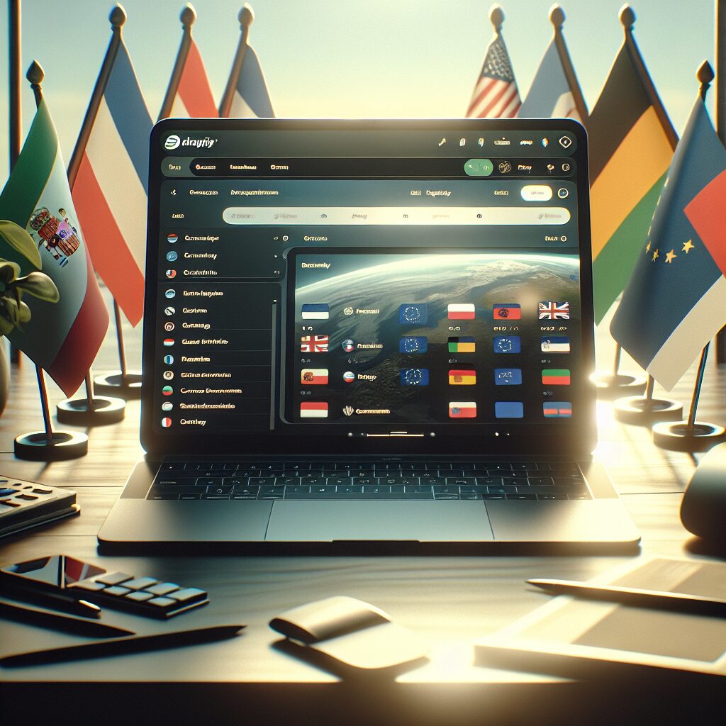 Shopify cloning dashboard on screen, with European country flags and translated store content visible