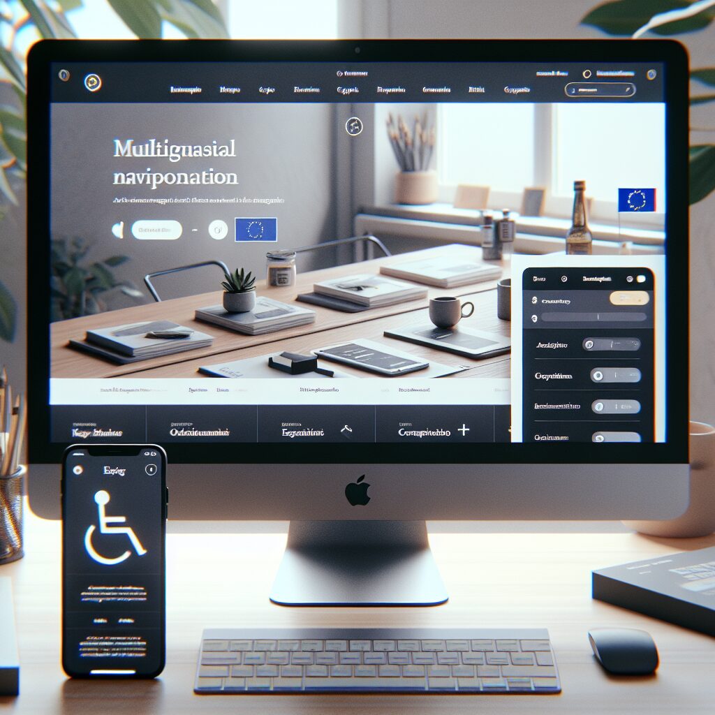 Modern European ecommerce site with accessibility features for EU accessibility compliance, shown on desktop and mobile.