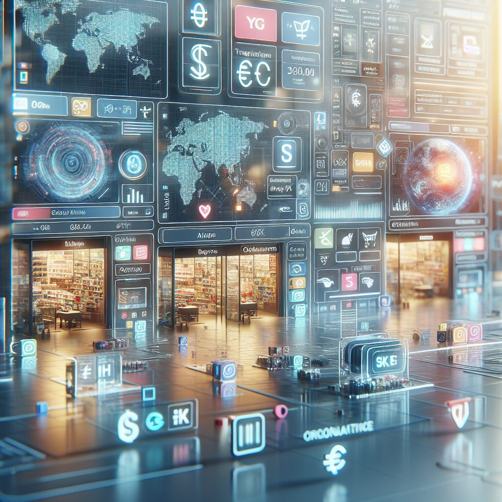 Futuristic e-commerce dashboard showcasing real-time store cloning across multiple languages and currencies for global sales growth
