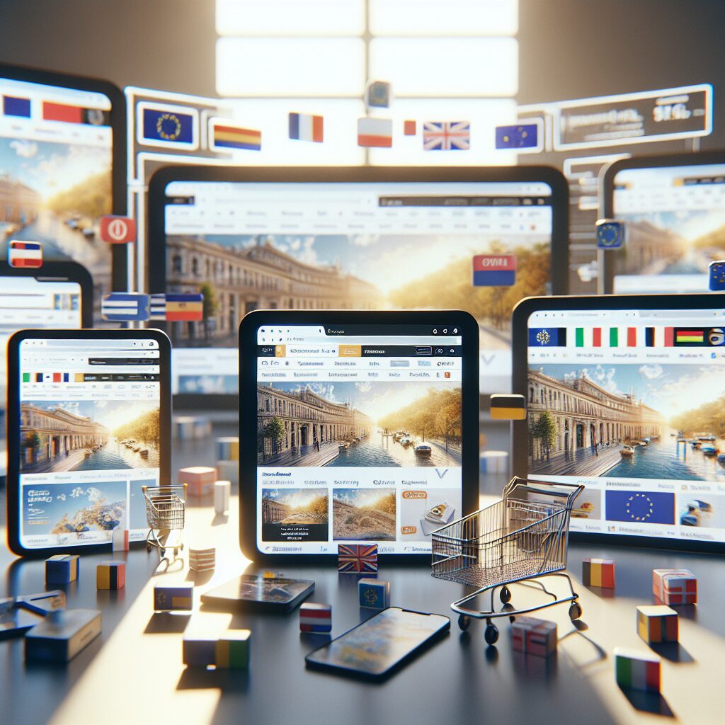 Ecommerce translation visual showing language localization across countries with product displays and shopping carts