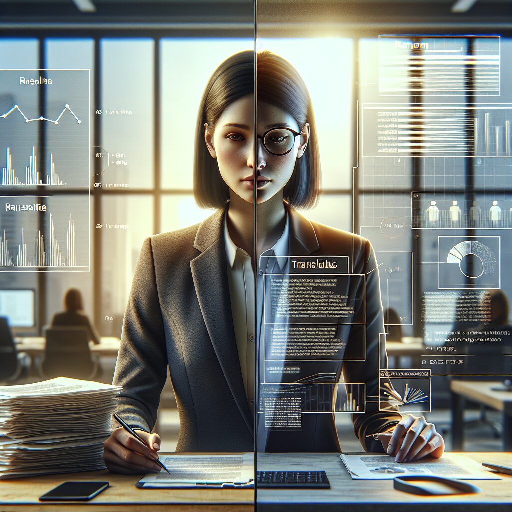 Split-screen showing manual translation ROI versus automated processes with efficiency charts and business context in the background