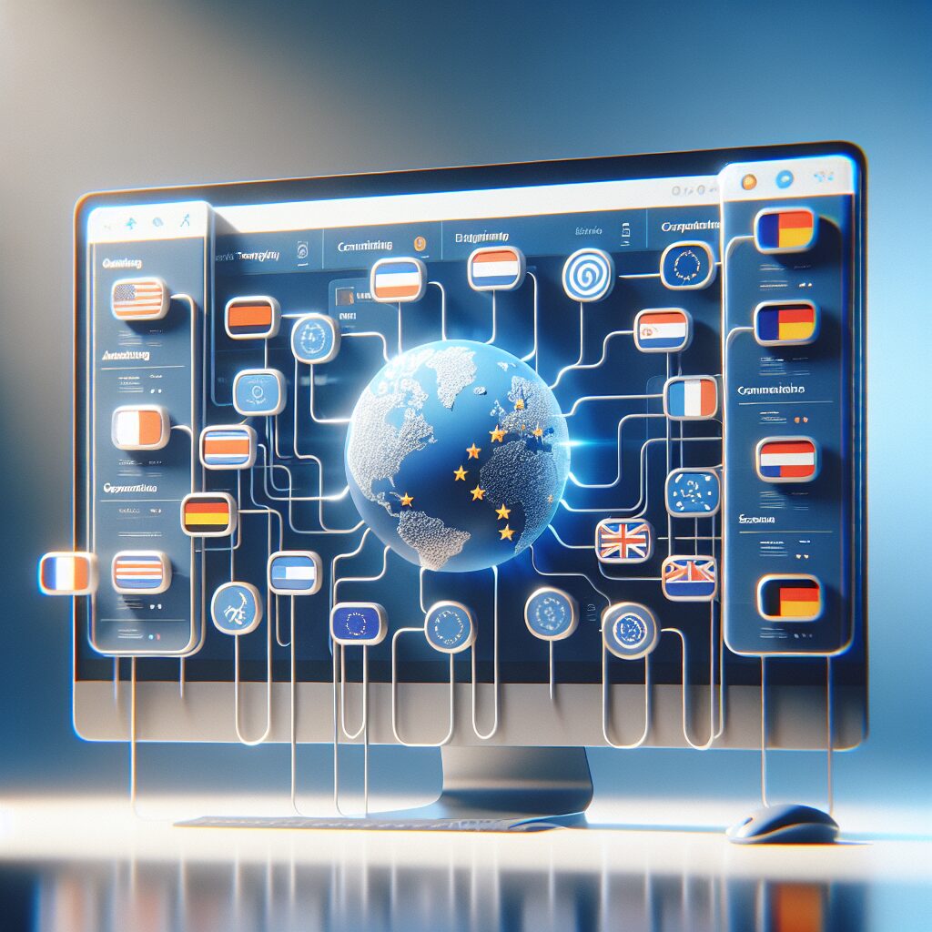 Illustration showing website translation subscription in action—connecting a central site to various EU markets with SEO automation.