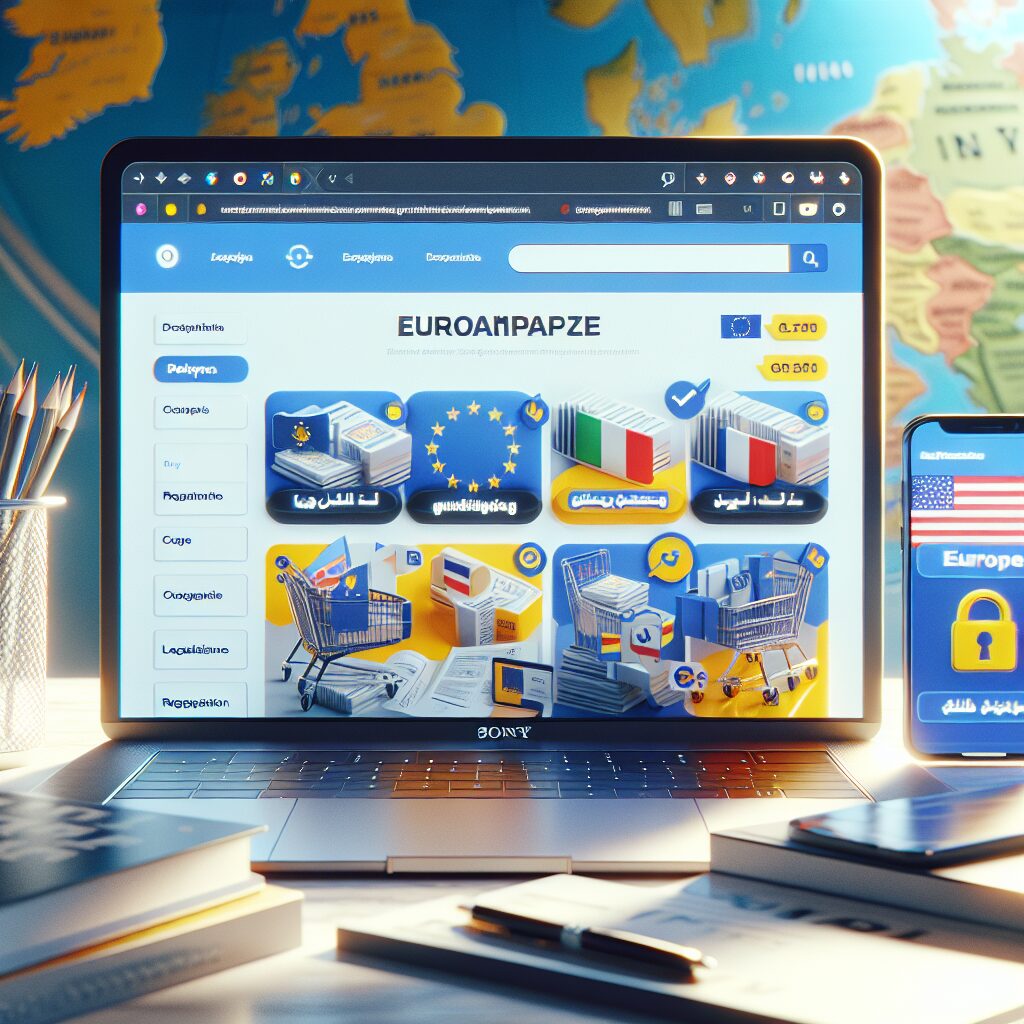 A multilingual ecommerce website showing language selection and EU website compliance indicators on multiple devices.