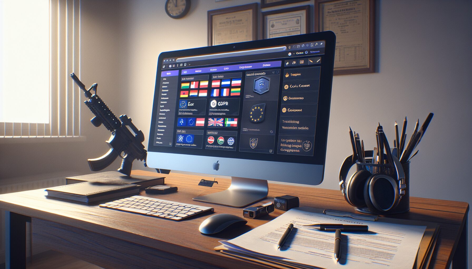 Illustration of an EU compliance dashboard with translation flags and GDPR icons for multilingual websites.