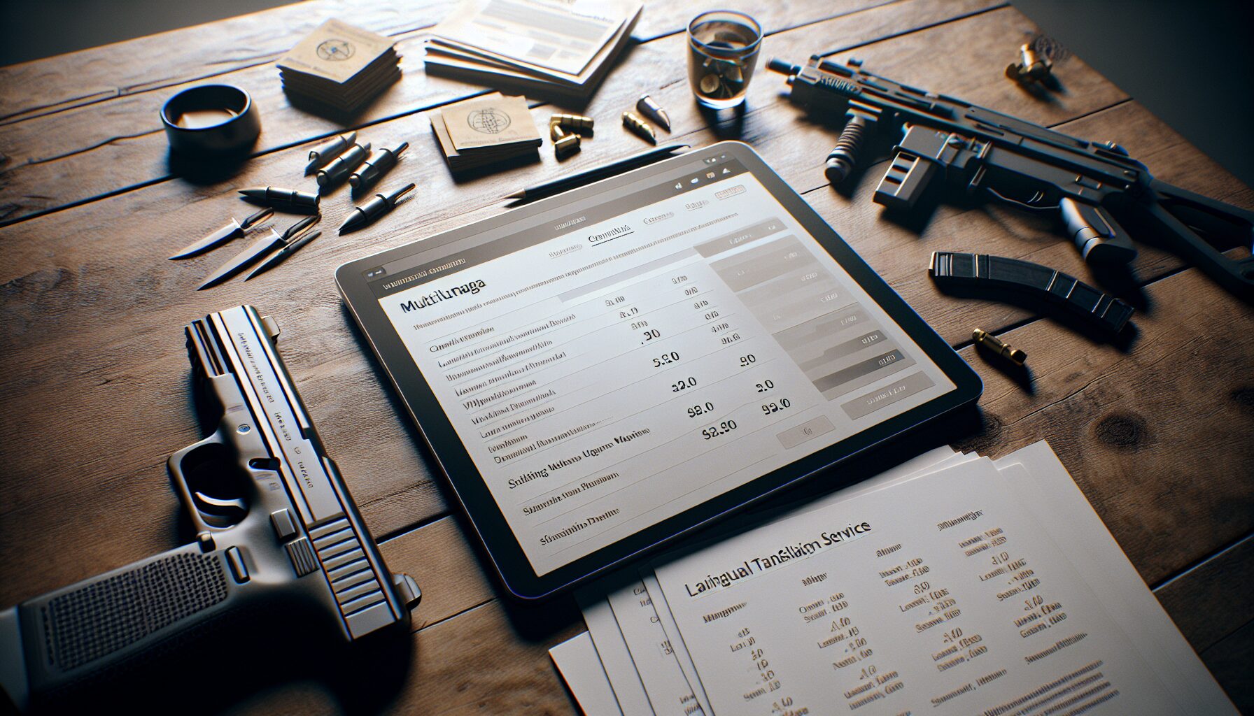 Tablet on wooden table showing multilingual site pricing comparison with language options and translation subscriptions.