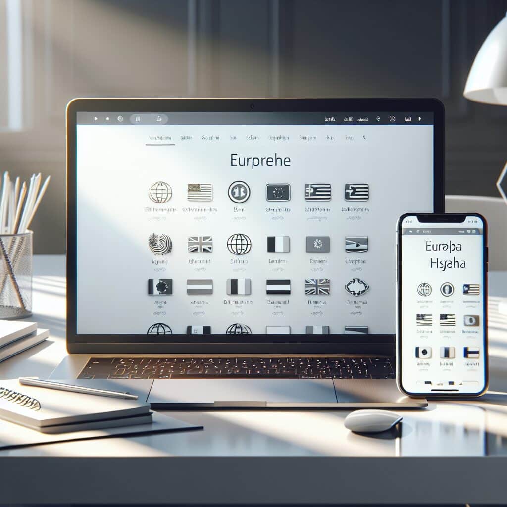 Modern laptop and smartphone displaying a multilingual homepage with translation icons, representing SEO-friendly website translation for EU discovery.