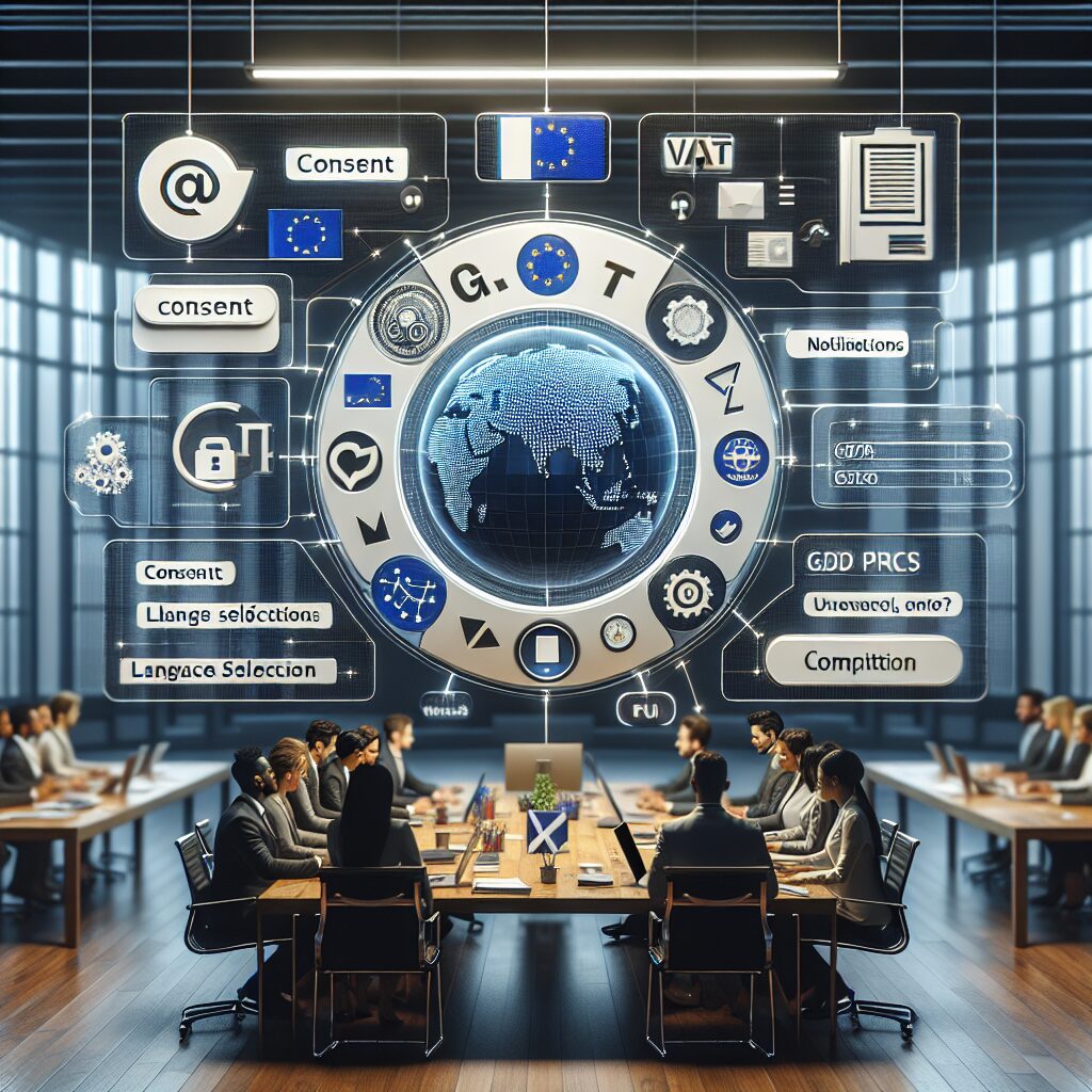 Team working on EU-compliant multilingual website interface with GDPR and VAT elements displayed on screen in a bright office setting.