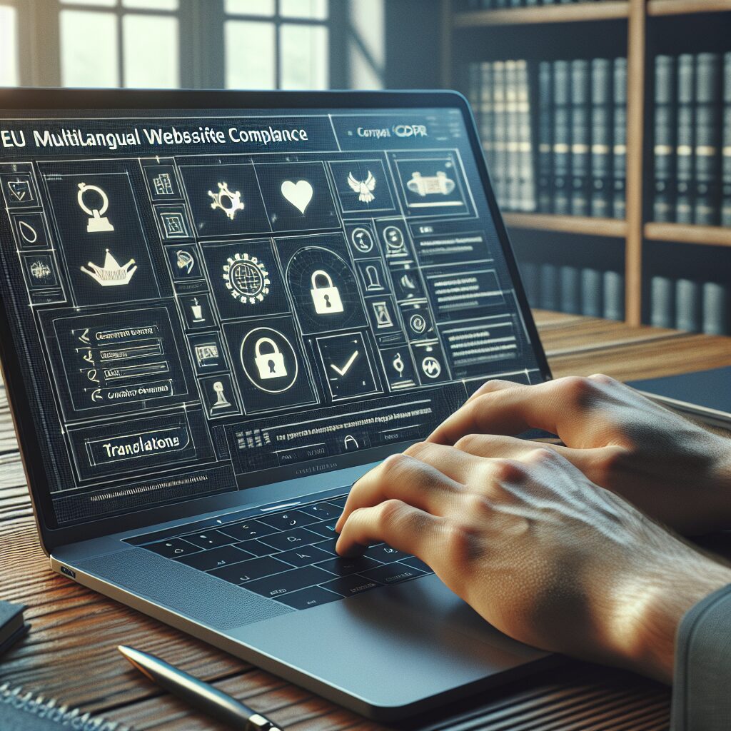 A multilingual EU website compliance dashboard displayed on a laptop, showing GDPR, translation, and legal icons.