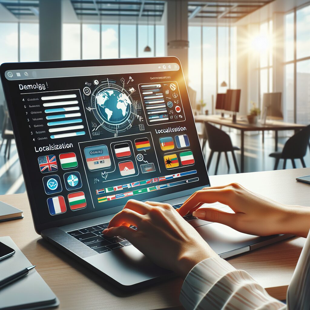 Hands interacting with a multilingual website demo on a laptop, showcasing multiple language options and localisation charts in an office setting.