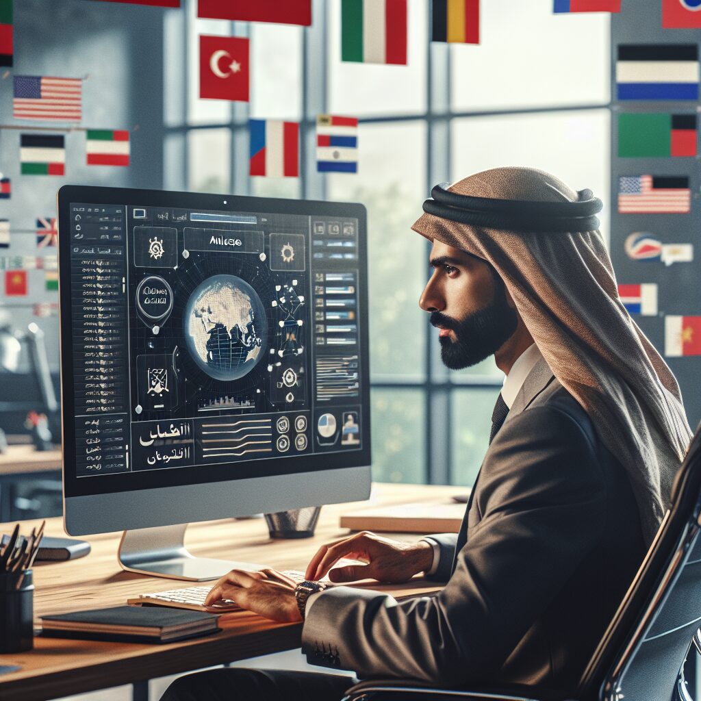 Dashboard showing multilingual translation tools powering ecommerce localisation with global flags and AI interface tiles around the workspace.