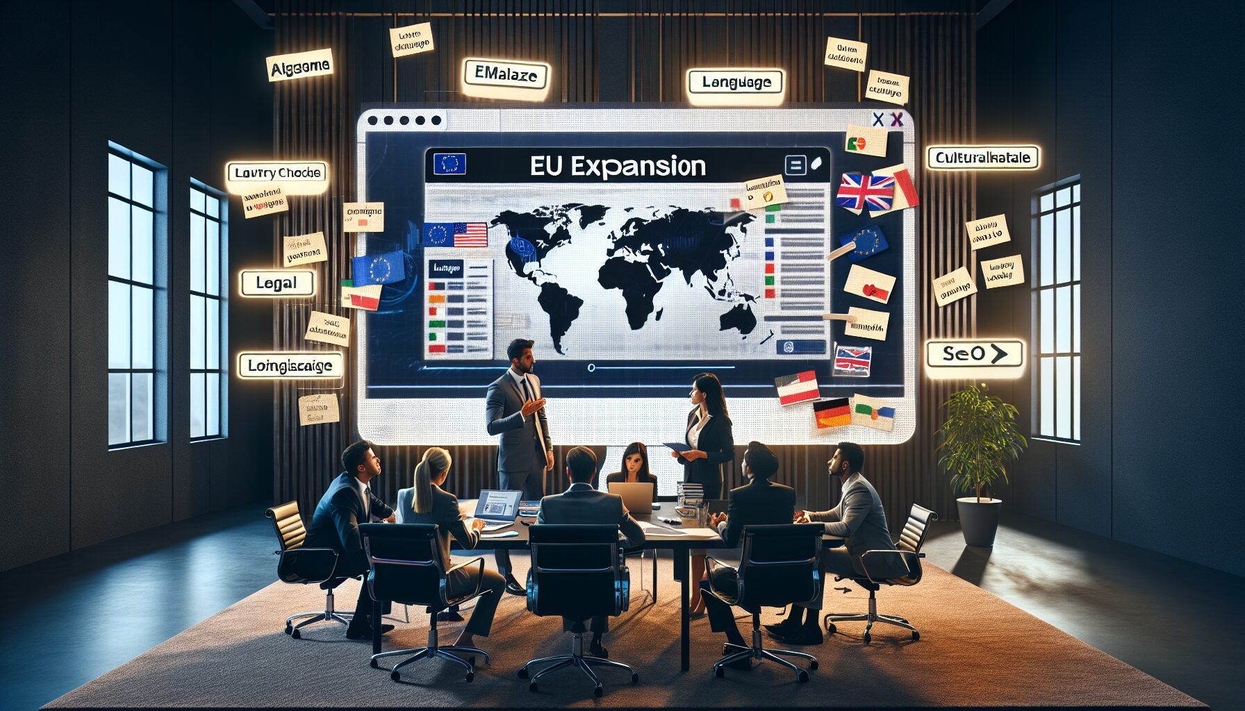 Hybrid localisation team reviewing EU-specific translation elements on a multilingual website dashboard.