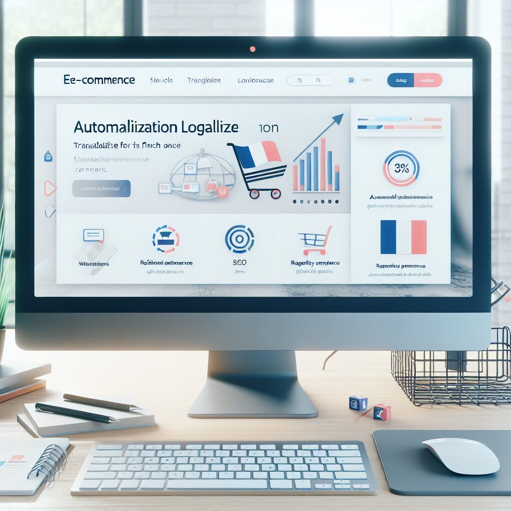 Shopify localisation dashboard showing automated French translation interface with compliance and SEO metrics.