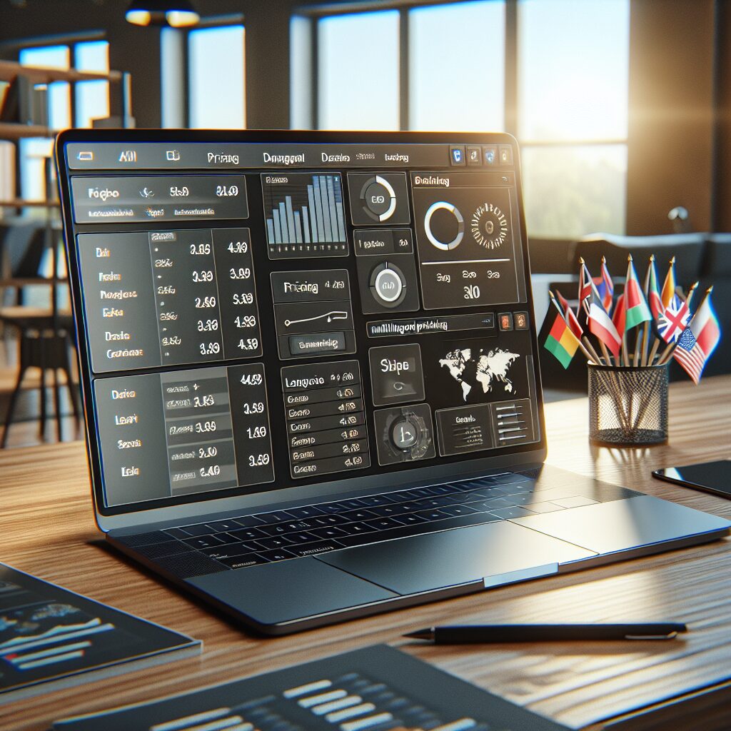 Laptop screen displaying multilingual website pricing dashboards with language and subscription options for ecommerce websites.