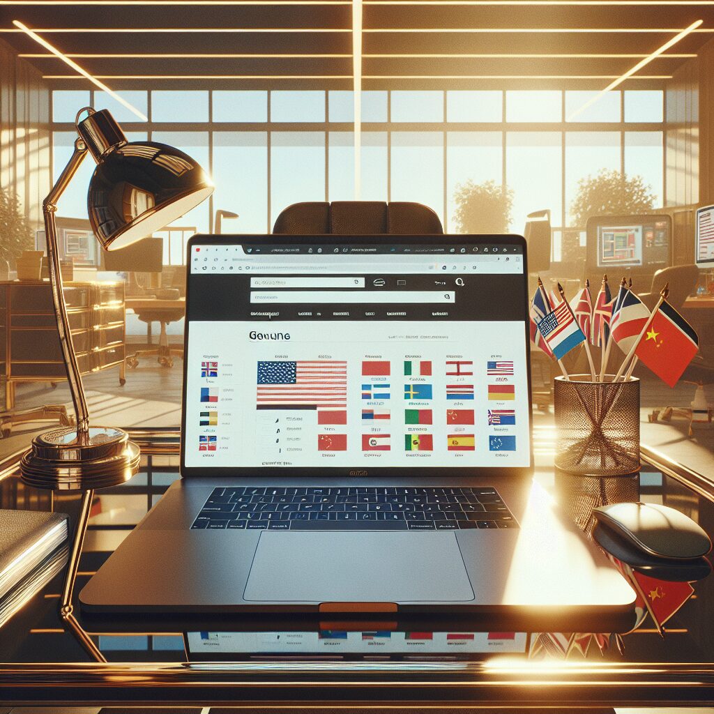 Laptop screen illustrating affordable website translation with side-by-side multilingual versions, surrounded by international flags.