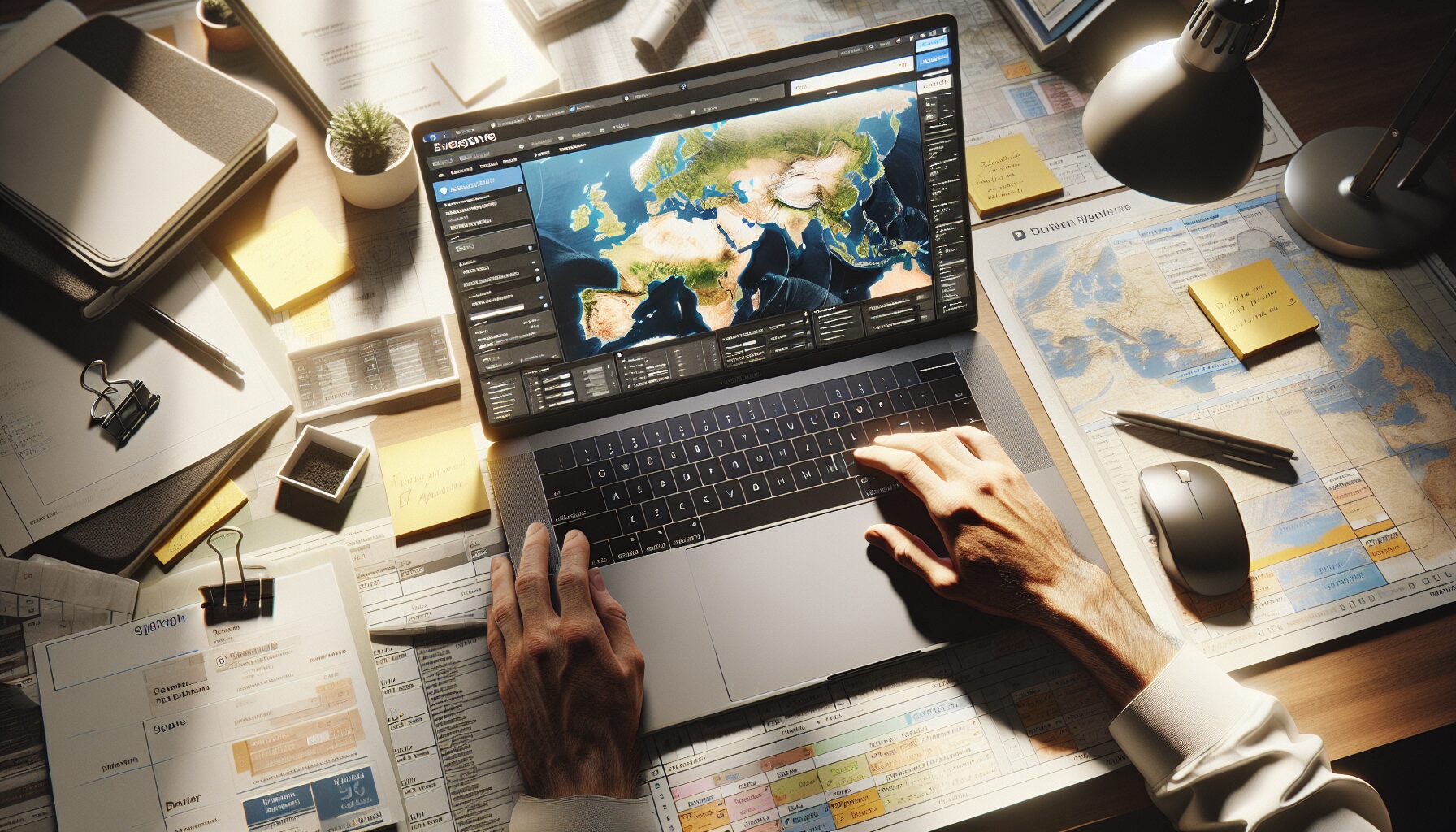 Hands working on a translated ecommerce site with localisation tracker overlay for cross-border expansion.