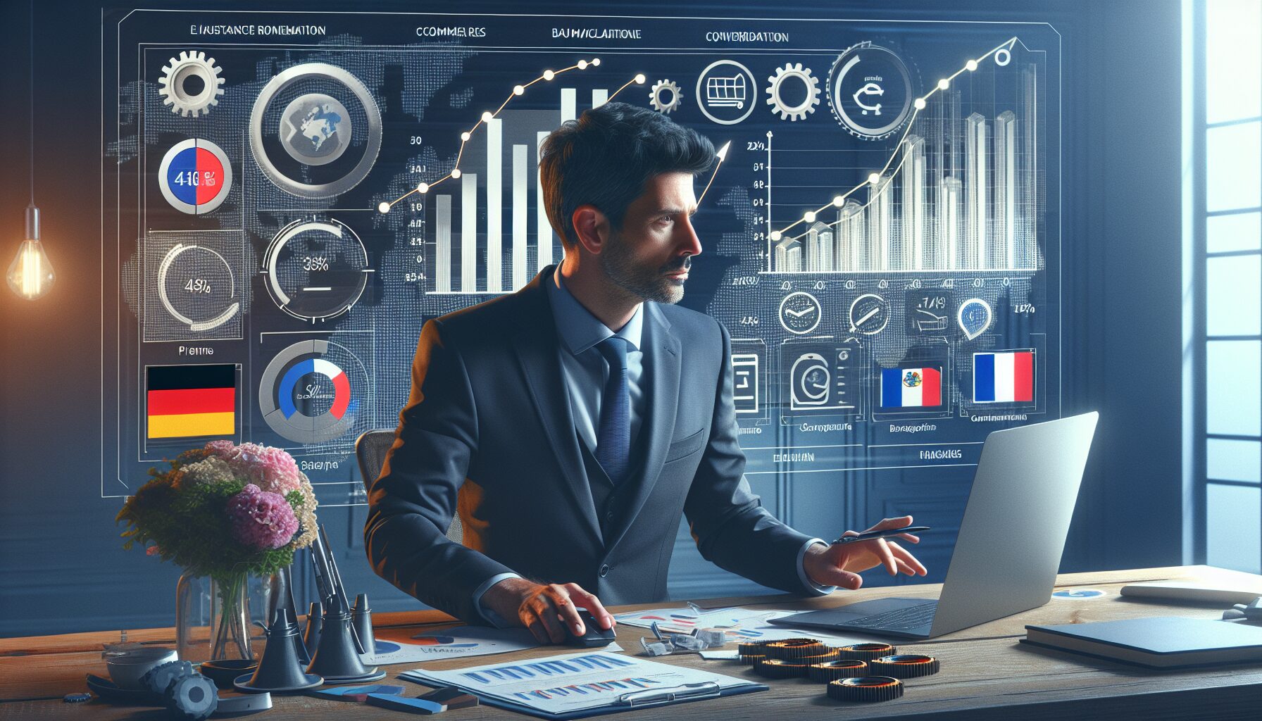 Shopify brand owner reviewing localised EU performance with country-specific analytics and translation automation features.