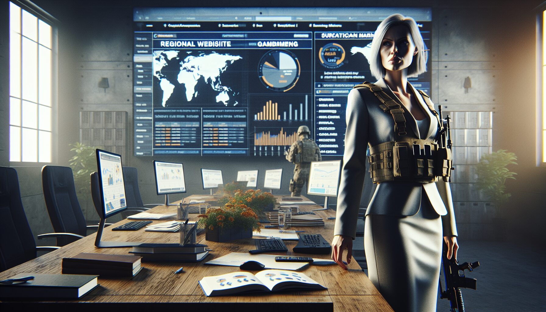 Digital marketer viewing multilingual SEO analytics dashboards highlighting website cloning impact.