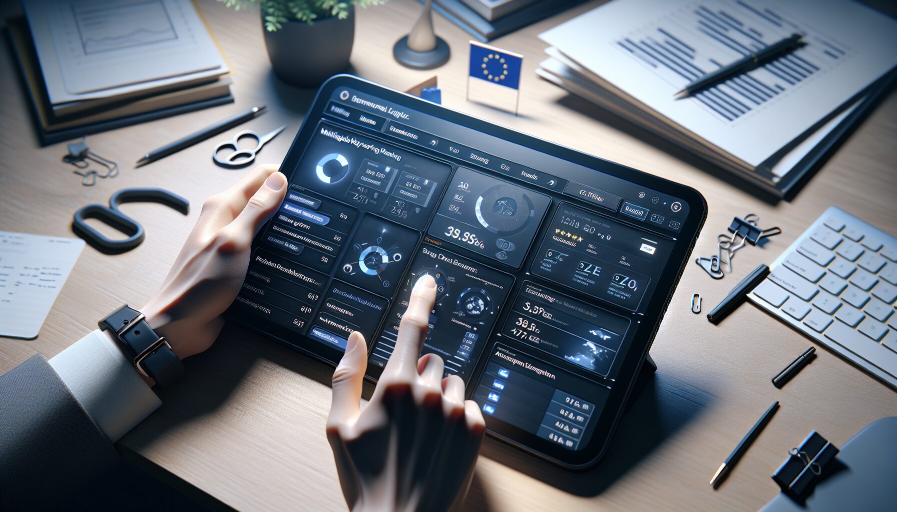 Tablet displays EU ecommerce translations and multilingual SEO settings with flags and analytics in a localization workspace.