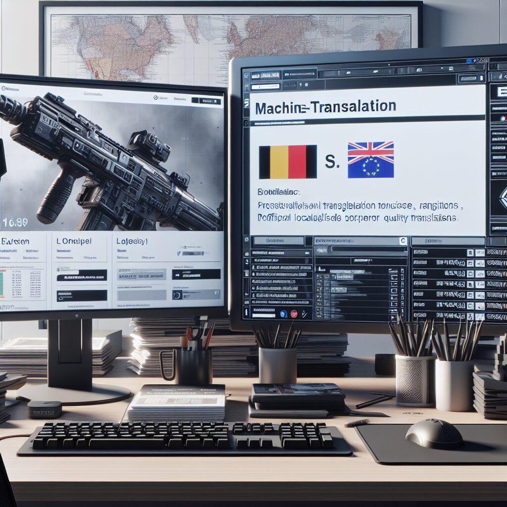 A side-by-side comparison of machine-translated and professionally localised content on a European business website setup.
