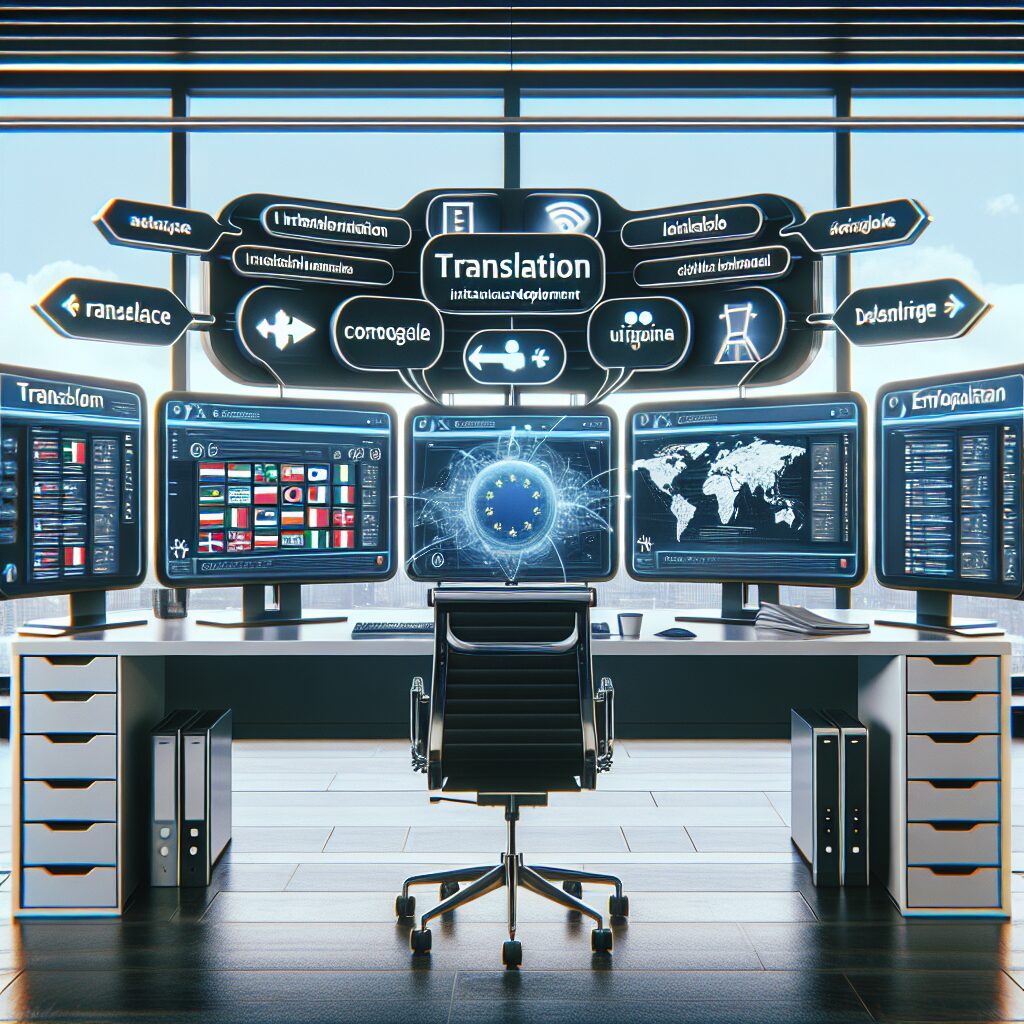 Digital workspace with multiple monitors displaying a clone multilingual website in different languages, showing automated localisation.