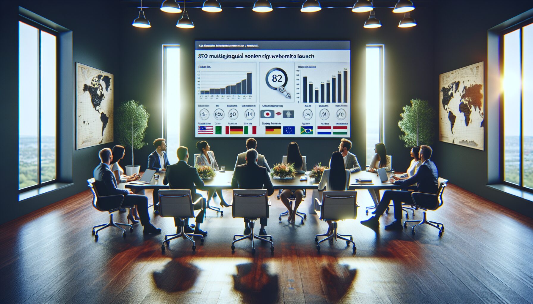 Marketing team reviewing multilingual SEO dashboard after successful website translation for EU markets.