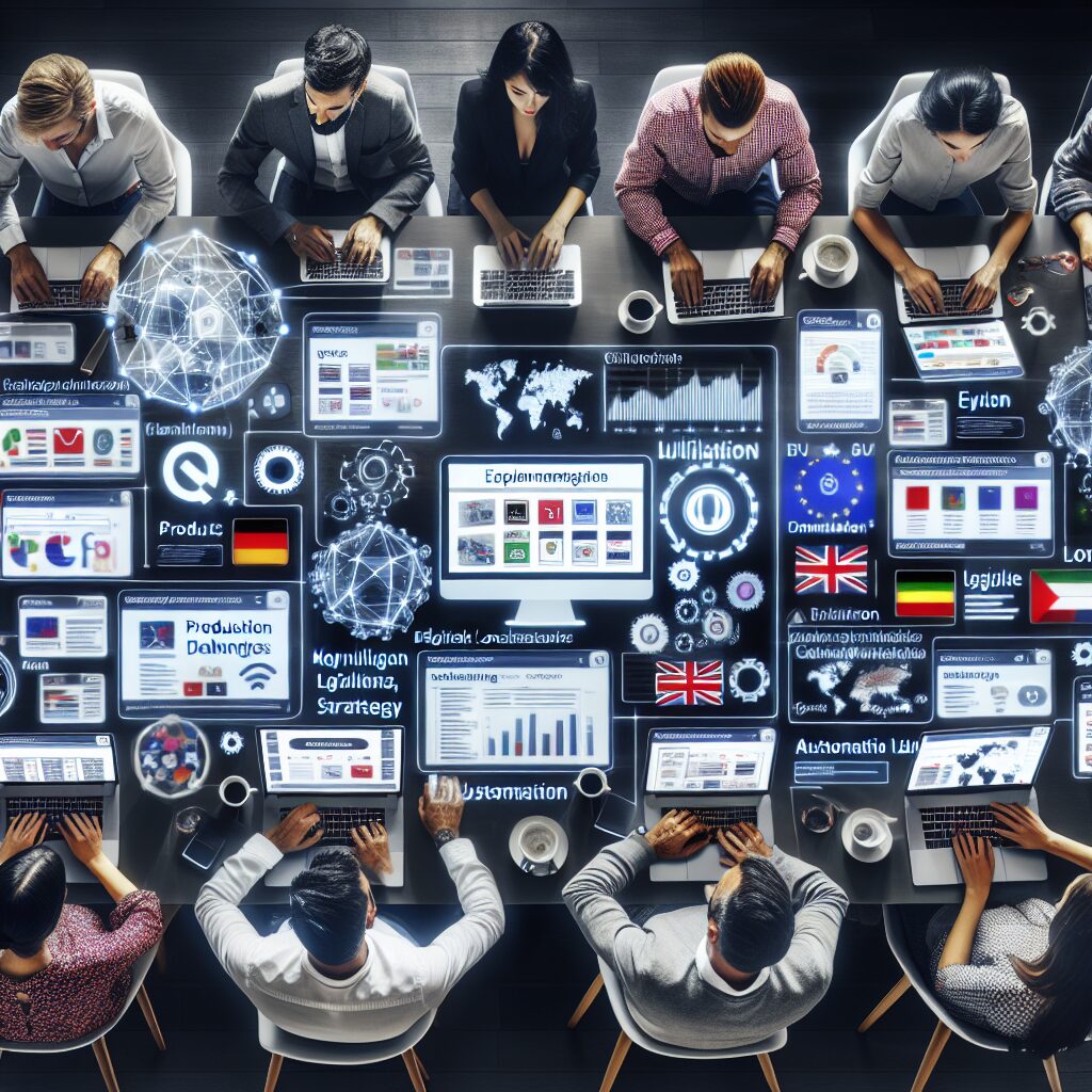 Hands interact with multilingual ecommerce dashboards and translation tools on laptops, highlighting international SEO translation in an EU business setting.