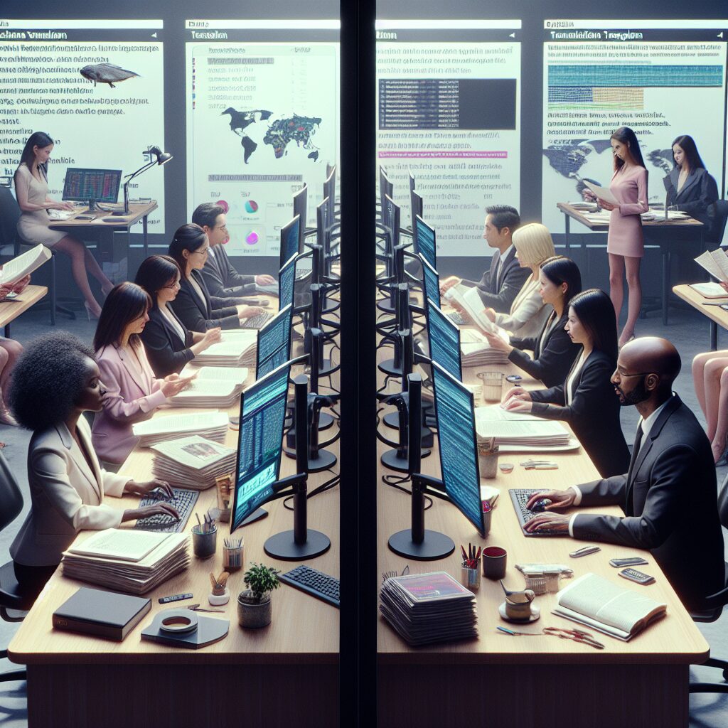 Split-screen image comparing website translation cost and methods, showing AI-powered tools vs manual agency translators.